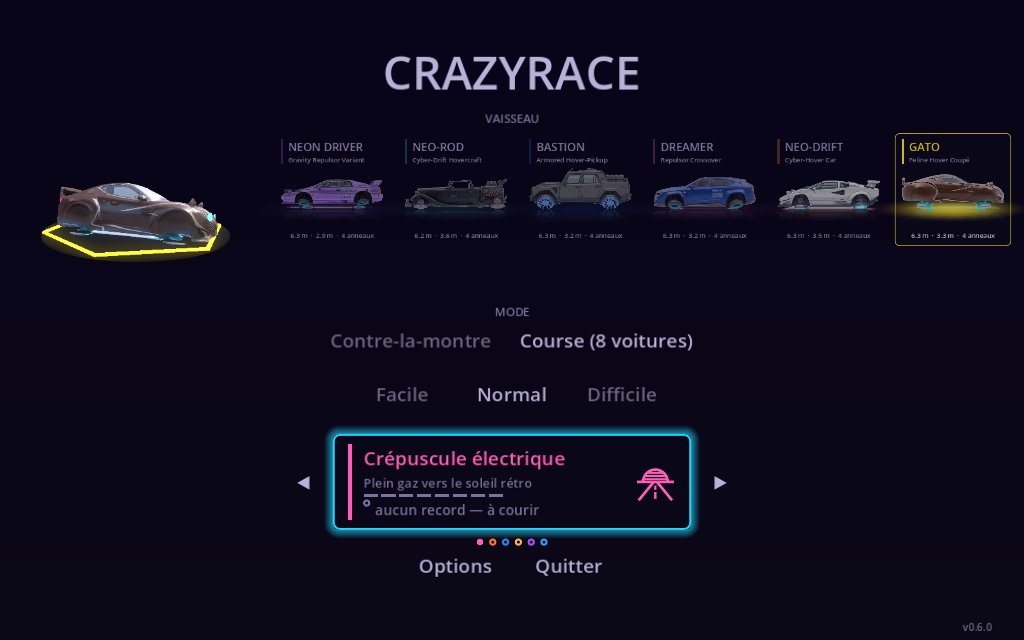 Menu principal, choix du vaisseau et du circuit
